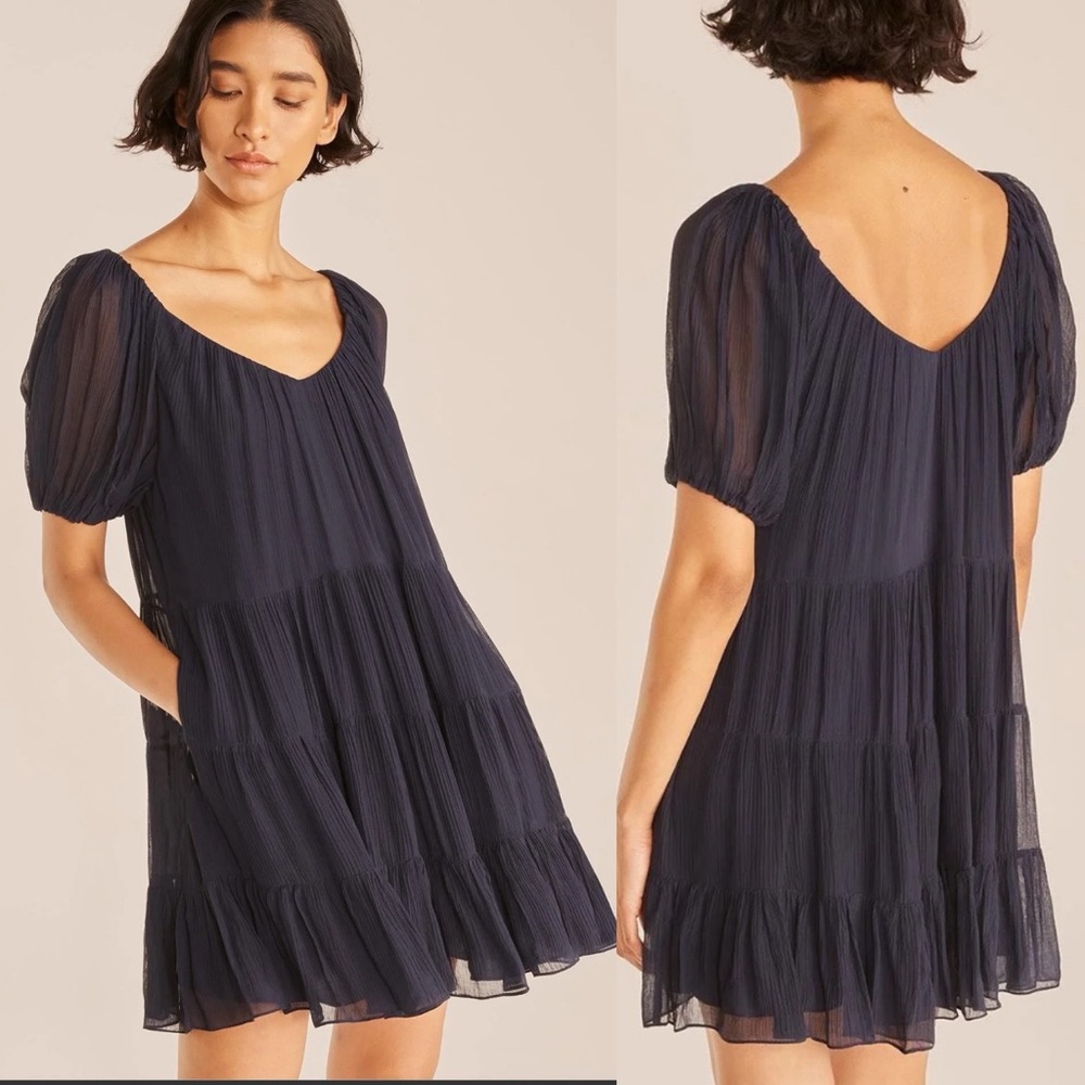 Rebecca Taylor Tiered Puff Sleeve A-line Mini Dress Navy Blue Sz Large